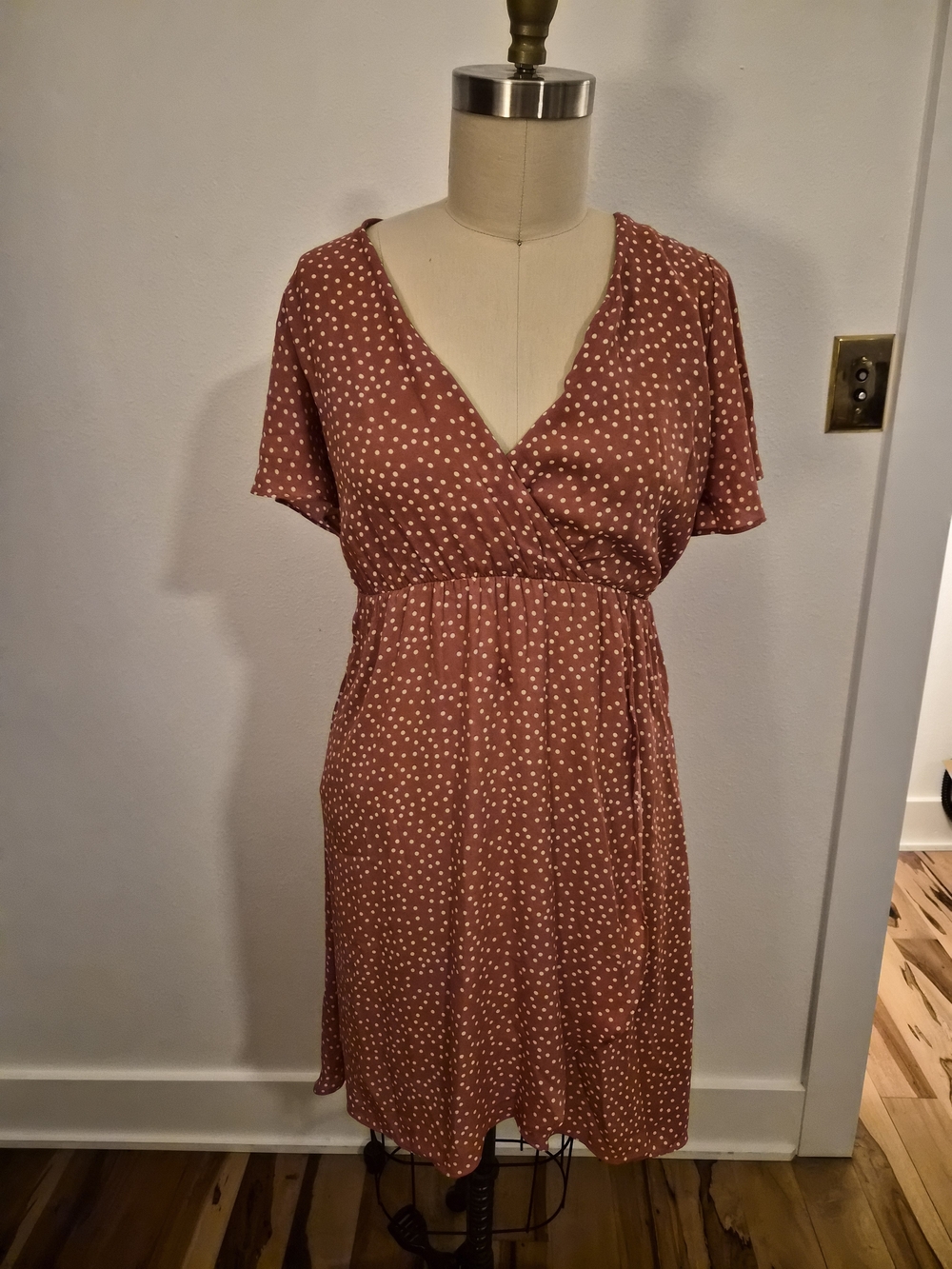 Sienna Sky Dusty Rose Polka Dot Wrap-Style Mini Dress